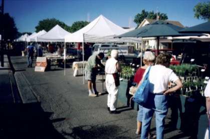 Customers look at plants and other goods at vendors' booths along Cortez Street.